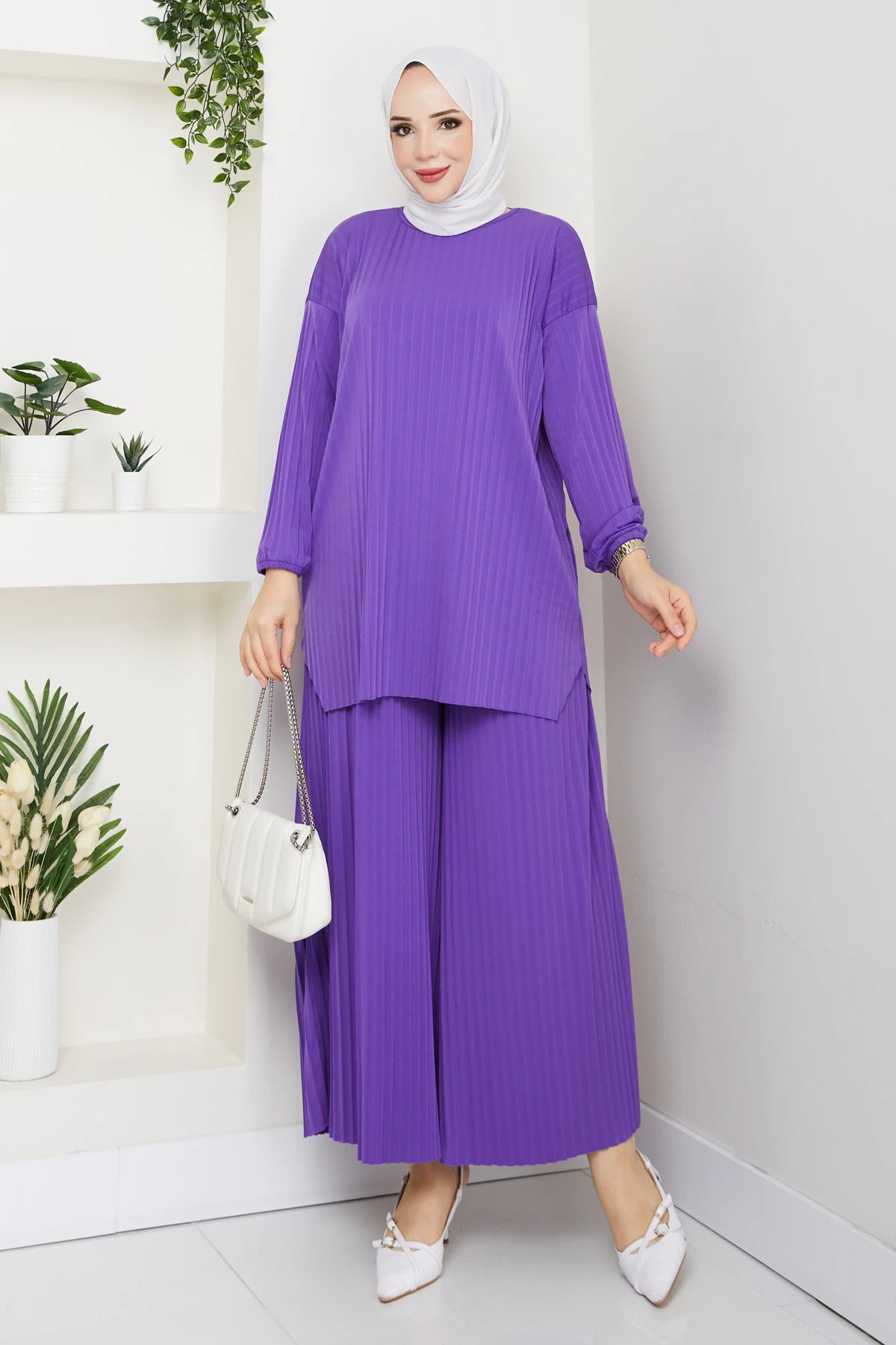 Piliseli Pantolonlu Kadın Takım - Mor