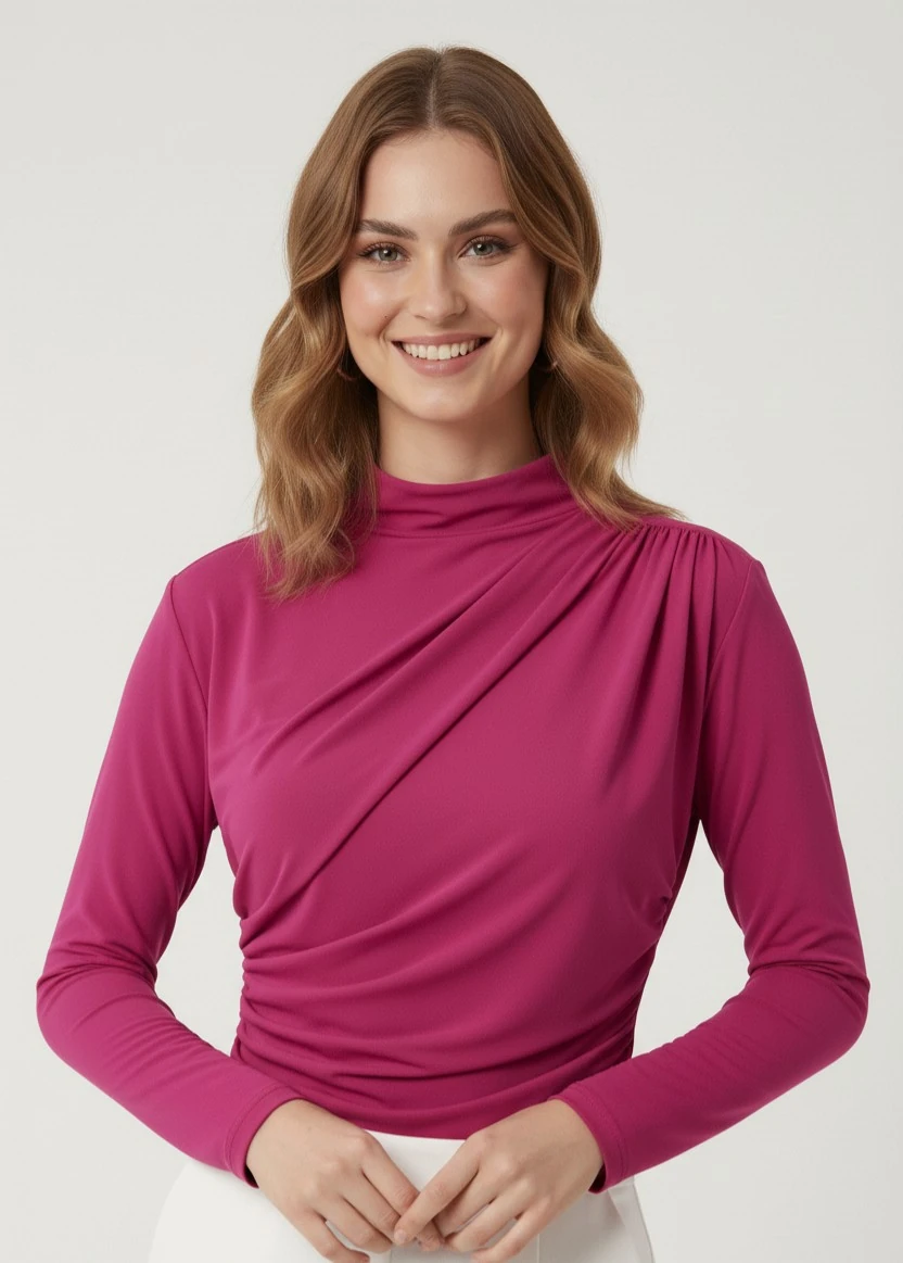 Kadın Büzgü Detaylı Dik Yaka Sandy Bluz - Fuşya