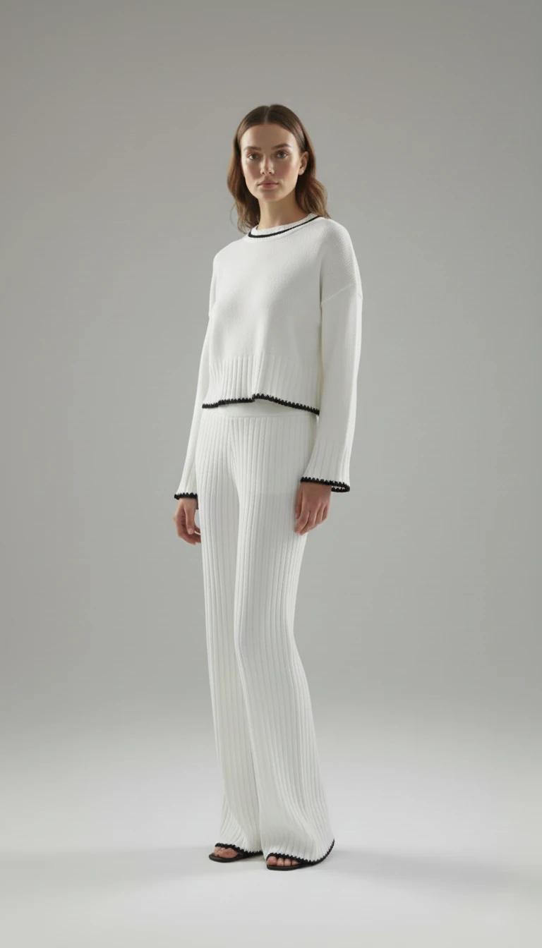 Bisiklet Yaka Önü Nakış Detay Alt Üst Triko Takım - beyaz