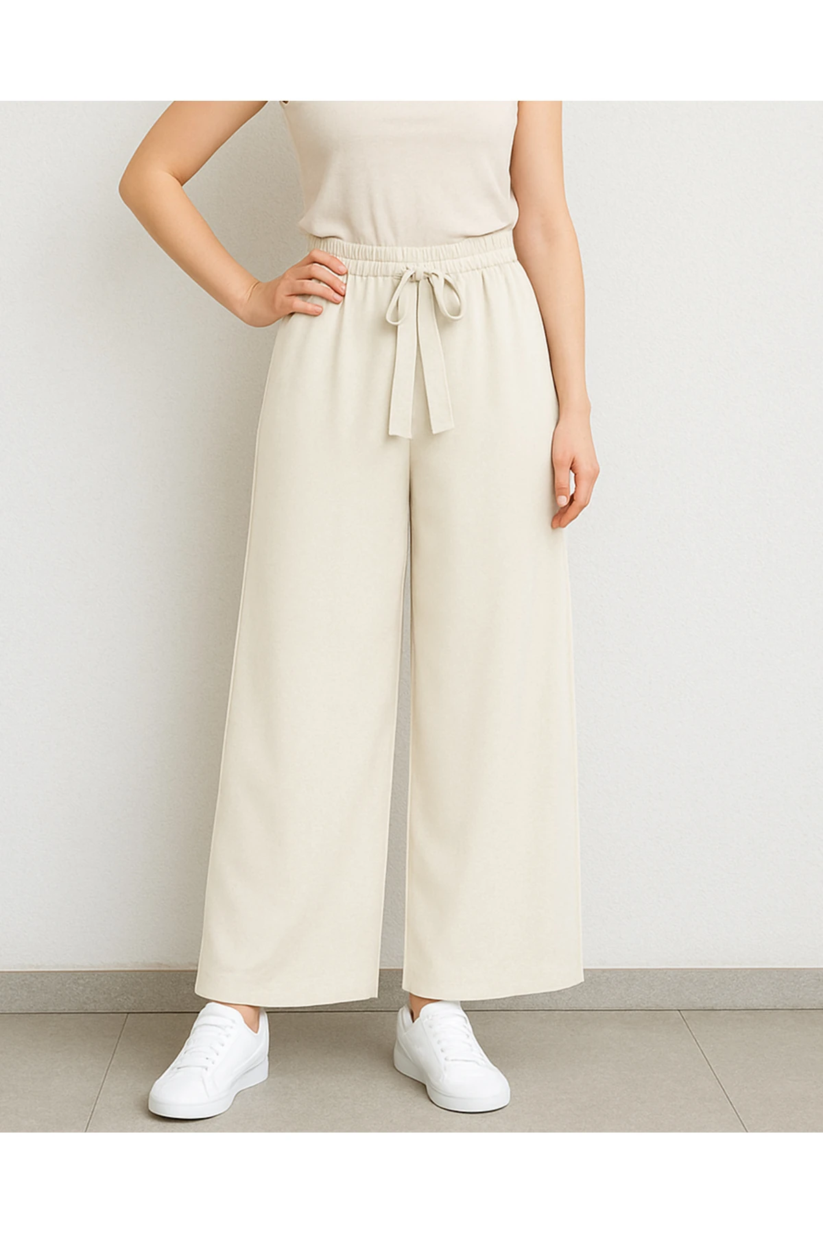 Kadın Beli Bağcıklı Double Krep Bol Paça Pantolon - Beyaz