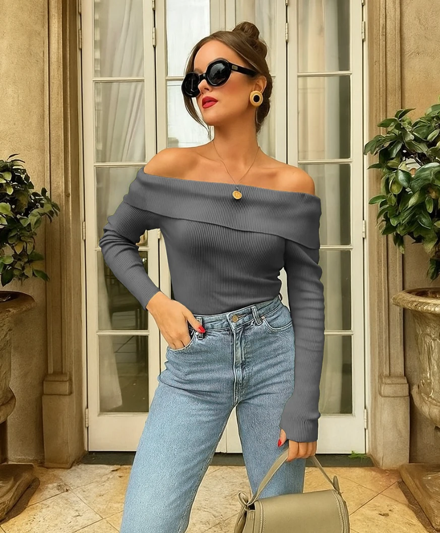 Madonna Yaka Kaşkorse Pamuklu Örme Kumaş Body - Füme