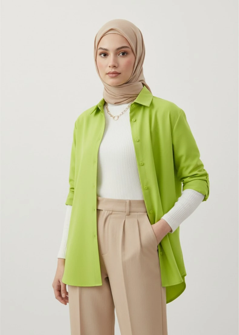 Kadın Oversize Uzun Basic Gömlek - Fıstık Yeşili