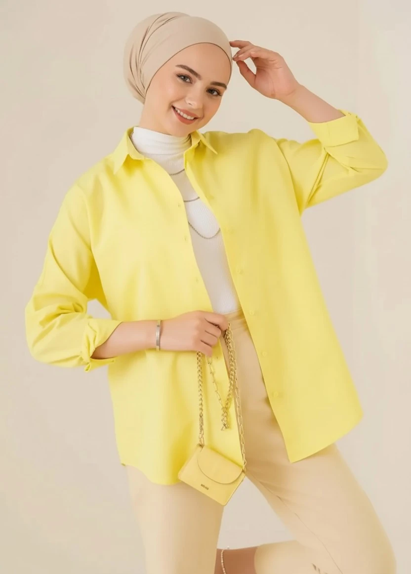 Kadın Oversize Uzun Basic Gömlek - Sarı