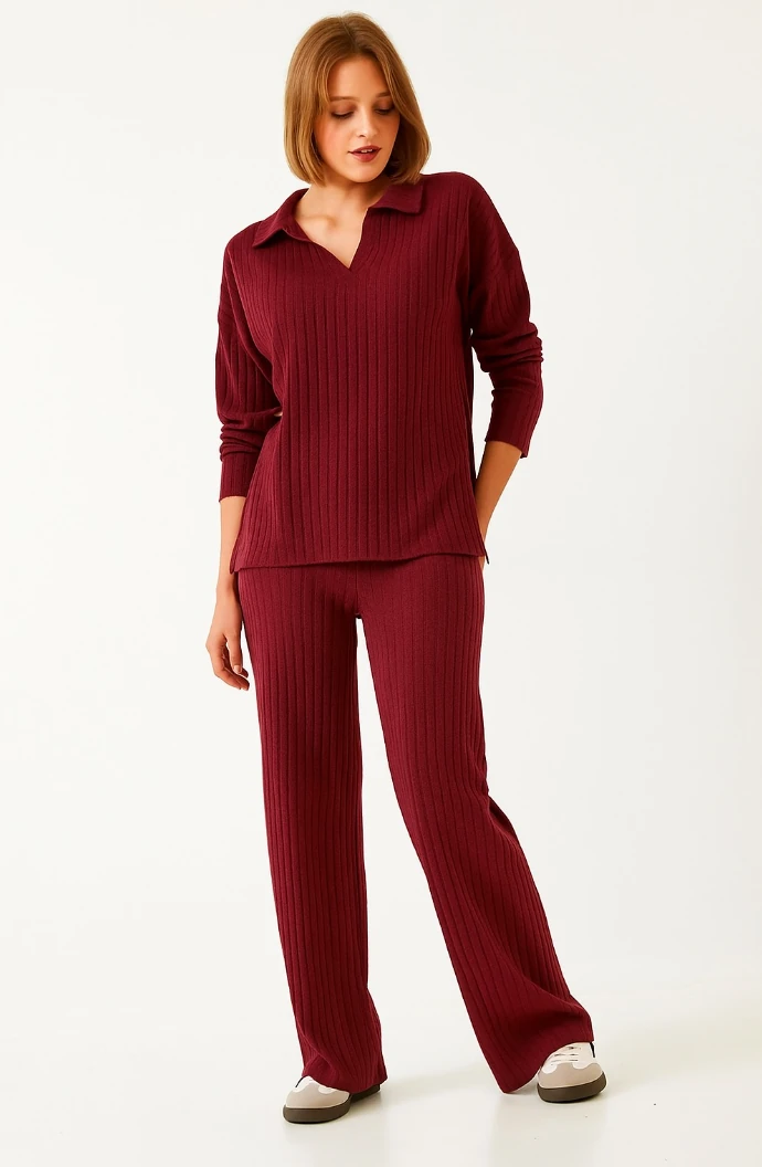 Polo Yaka Pamuklu Örme Kumaş İkili Takım - Bordo