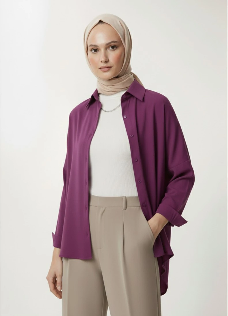 Kadın Oversize Uzun Basic Gömlek - Mor