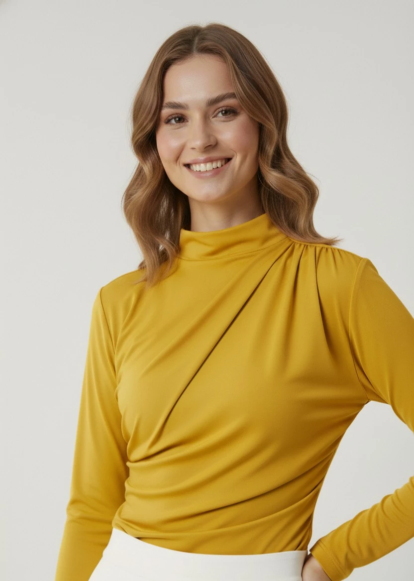 Kadın Büzgü Detaylı Dik Yaka Sandy Bluz - Hardal