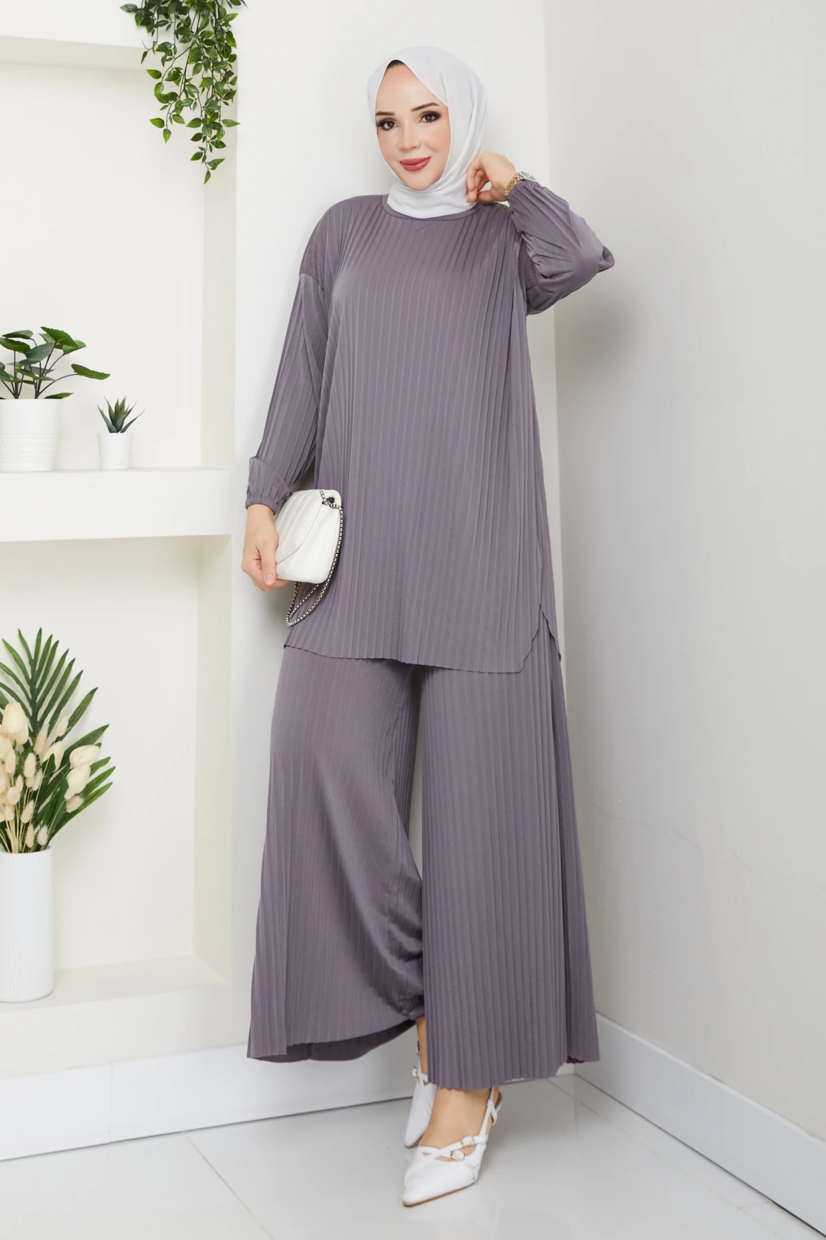 Piliseli Pantolonlu Kadın Takım - koyu gri