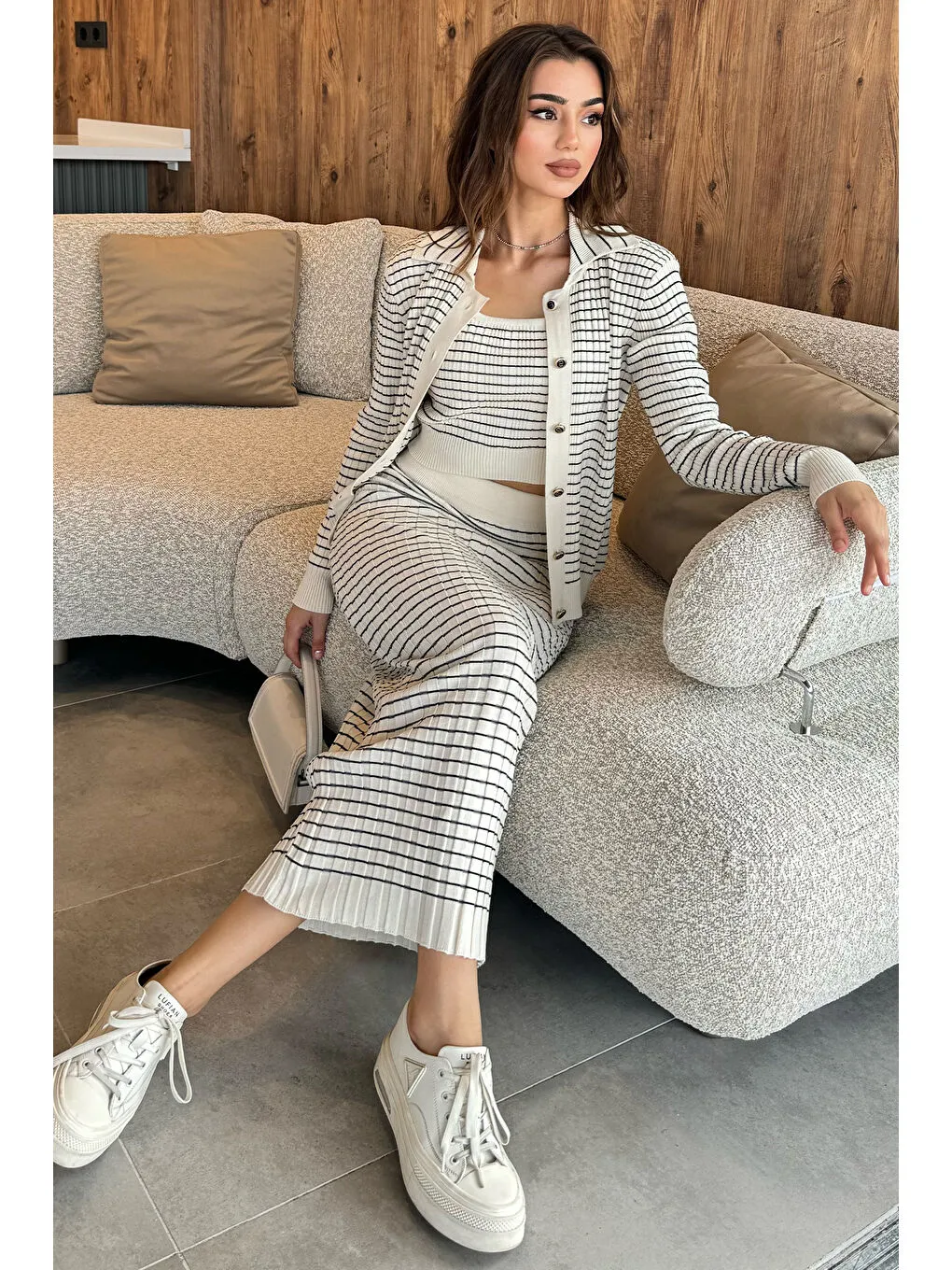 Şık Çizgili Crop Bluz Kazak Etek Triko Üçlü Takım