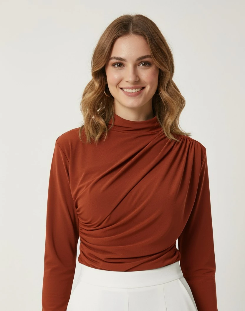 Kadın Büzgü Detaylı Dik Yaka Sandy Bluz - Kiremit