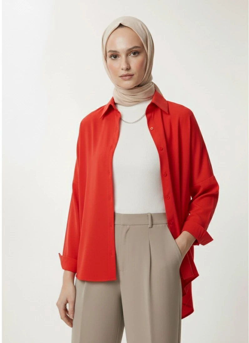 Kadın Oversize Uzun Basic Gömlek - Kırmızı