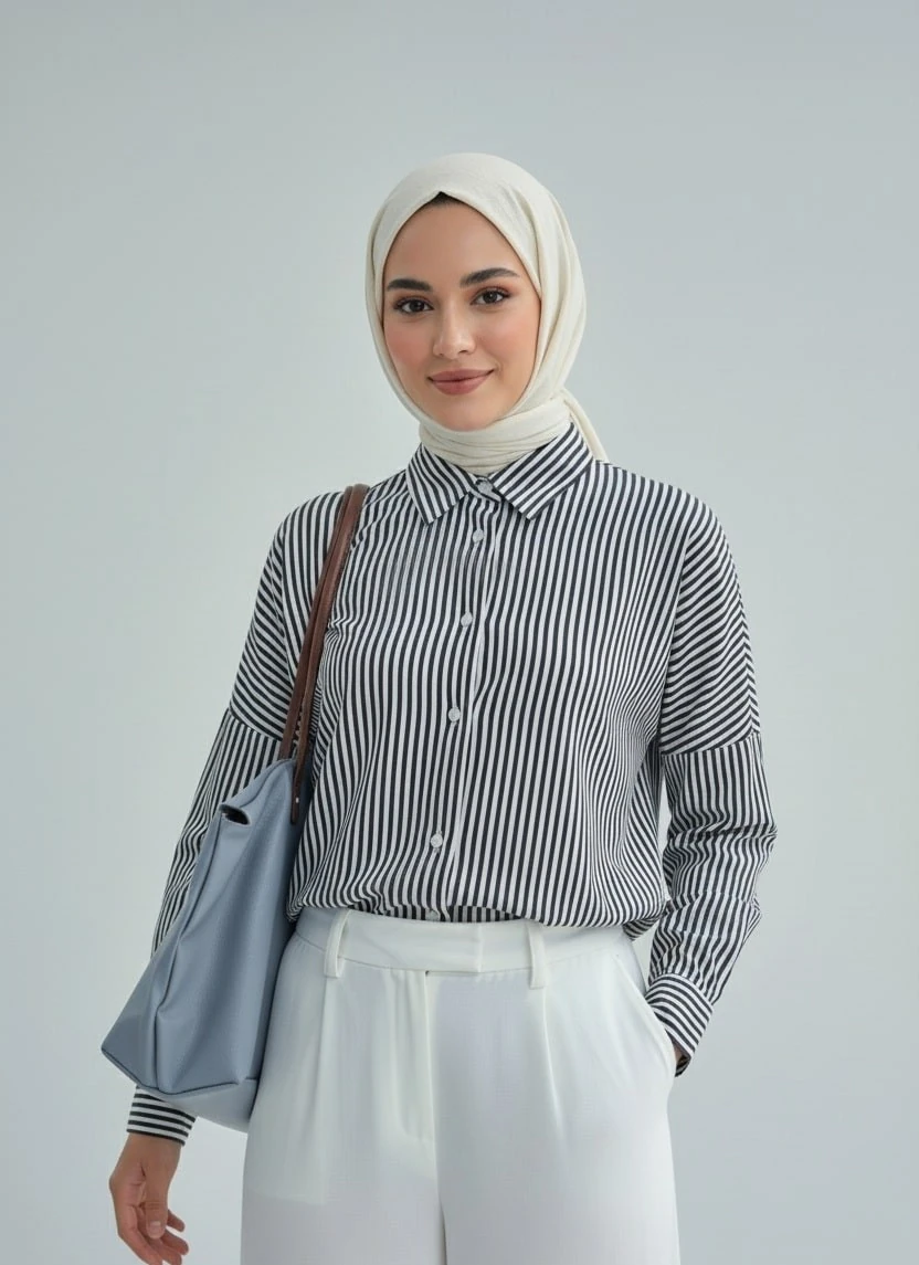 Kadın Oversize Uzun Basic Gömlek - Siyah Çizgili