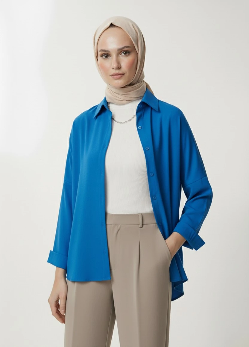 Kadın Oversize Uzun Basic Gömlek - Sax Mavisi