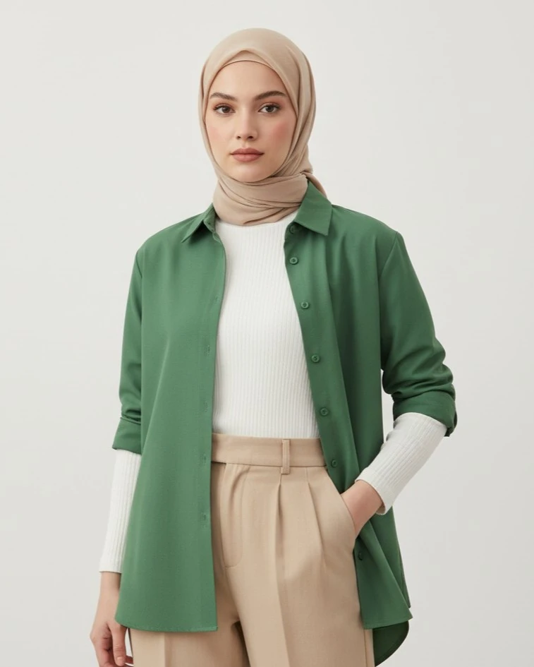 Kadın Oversize Uzun Basic Gömlek - Su Yeşili