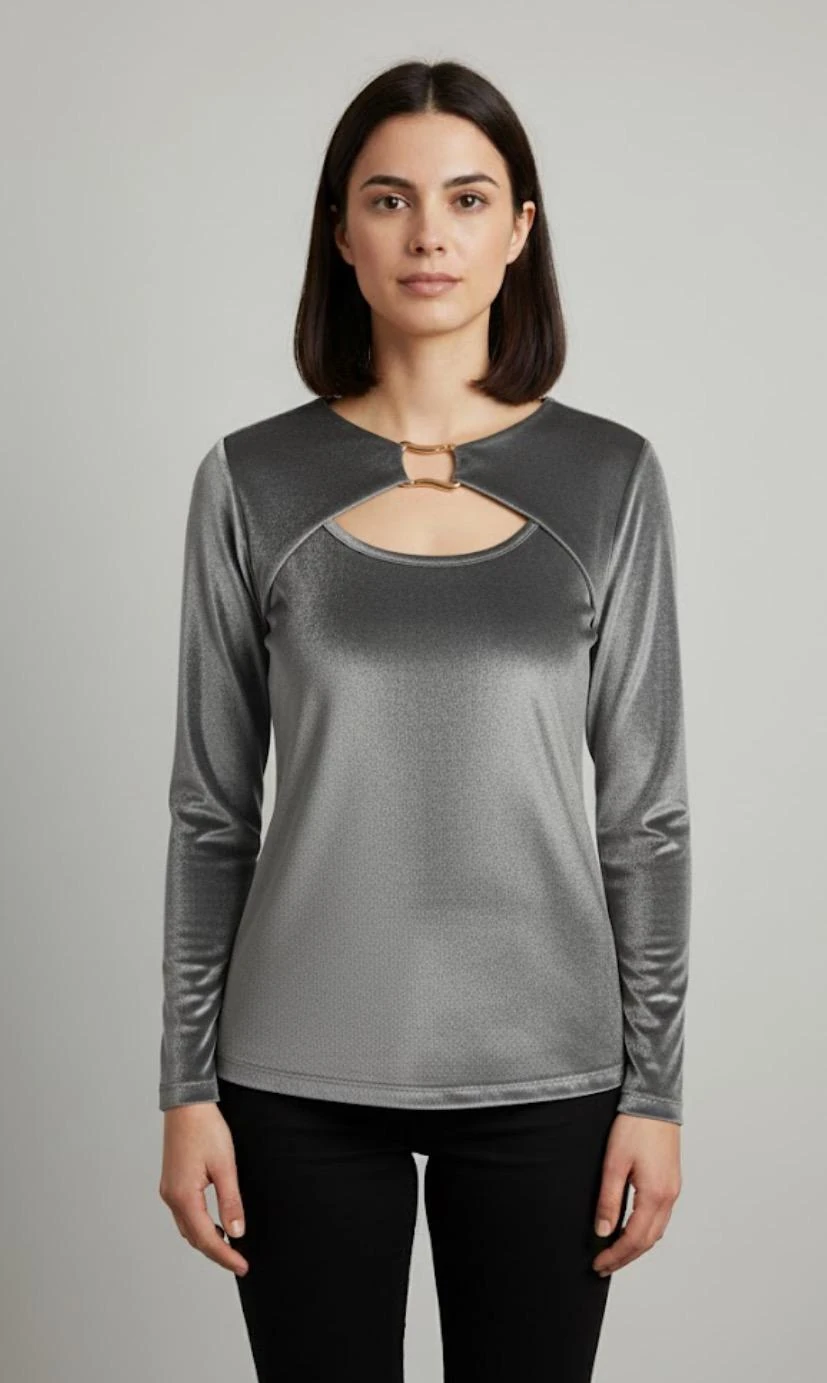 Cut-Out Detaylı Uzun Kollu Bluz - Gri