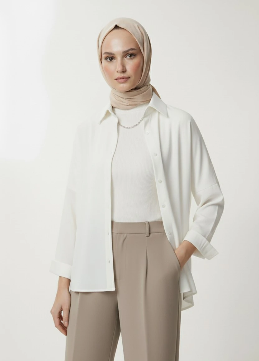 Kadın Oversize Uzun Basic Gömlek - Beyaz
