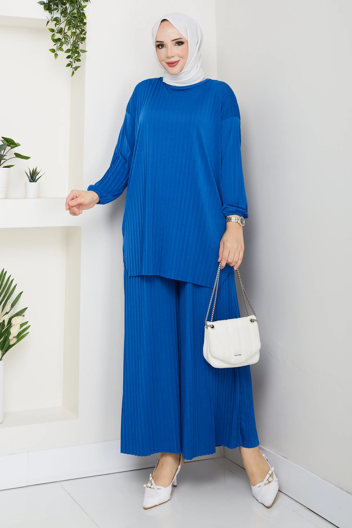 Piliseli Pantolonlu Kadın Takım - Sax Mavisi