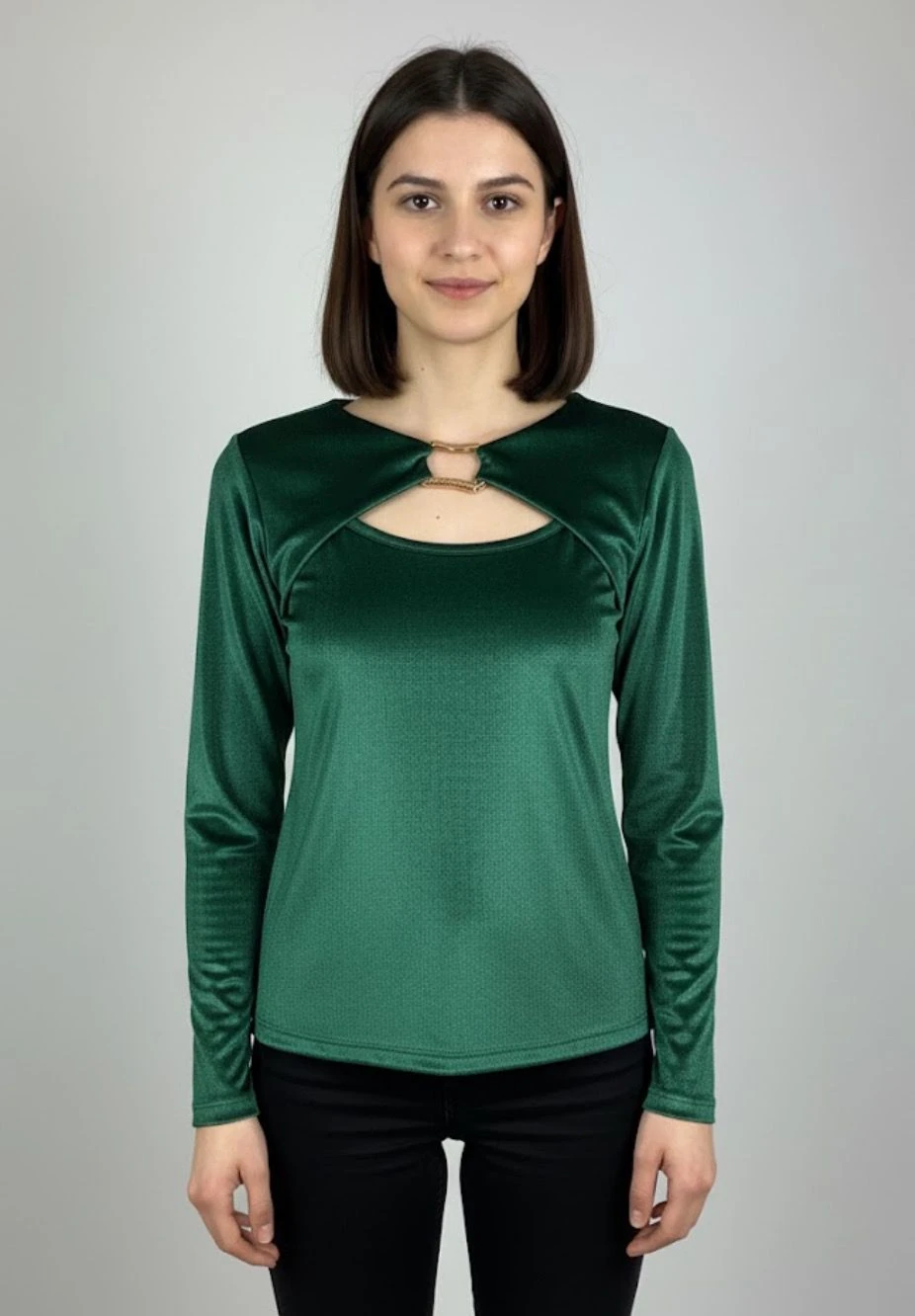 Cut-Out Detaylı Uzun Kollu Bluz - Zümrüt Yeşili