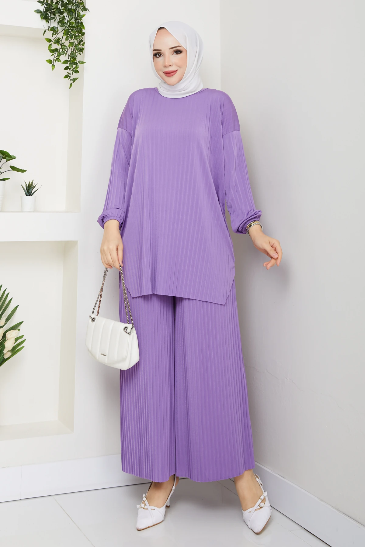 Piliseli Pantolonlu Kadın Takım - Lila