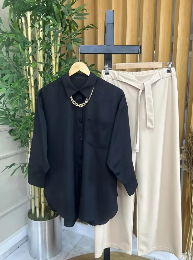 Siyah Gömlek Bej Bol Paça Pantolon