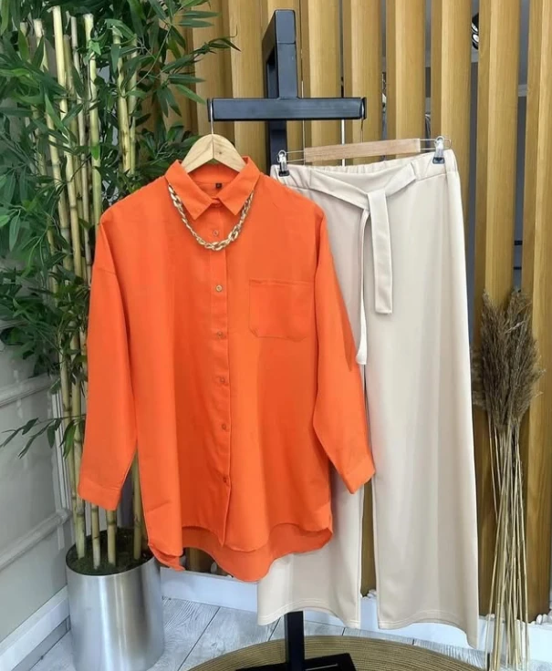 Turuncu Gömlek Bej Bol Paça Pantolon