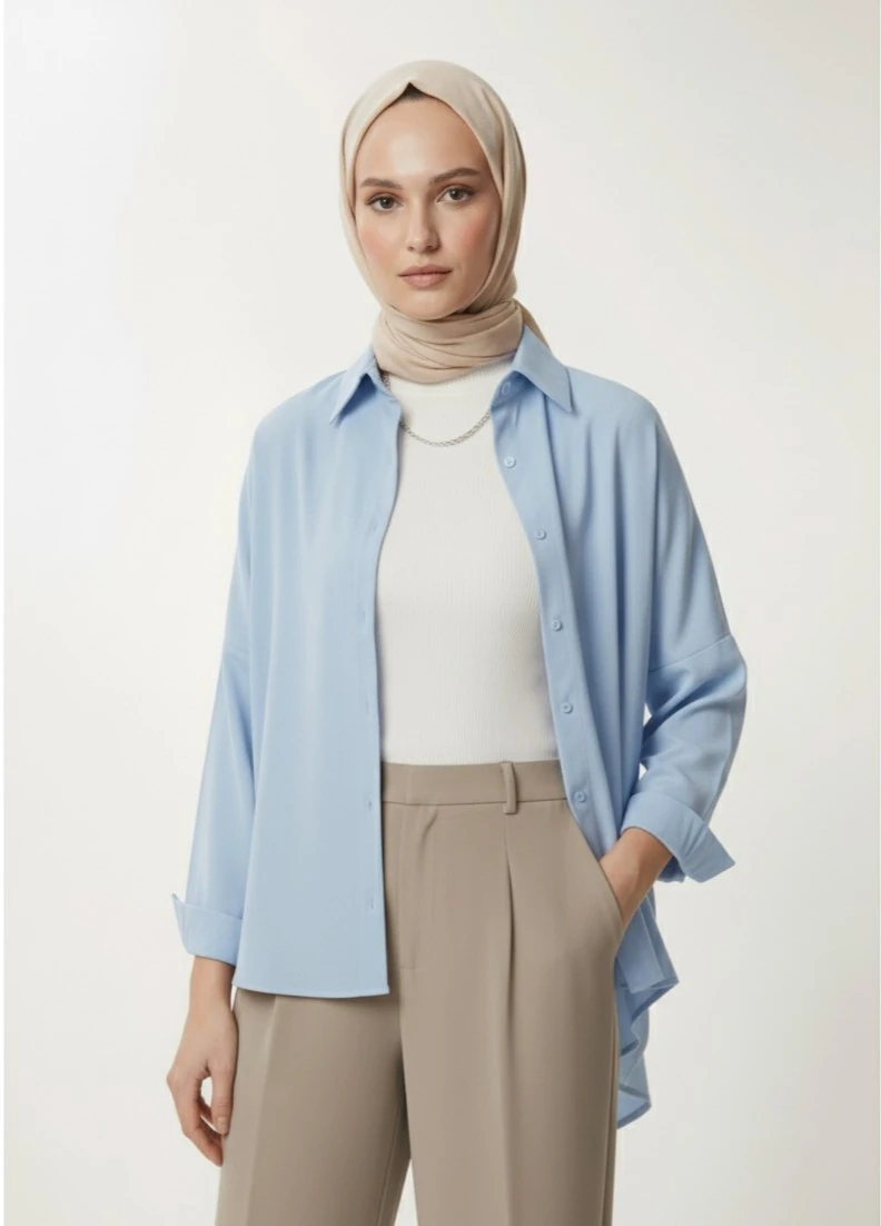 Kadın Oversize Uzun Basic Gömlek - Bebe Mavi