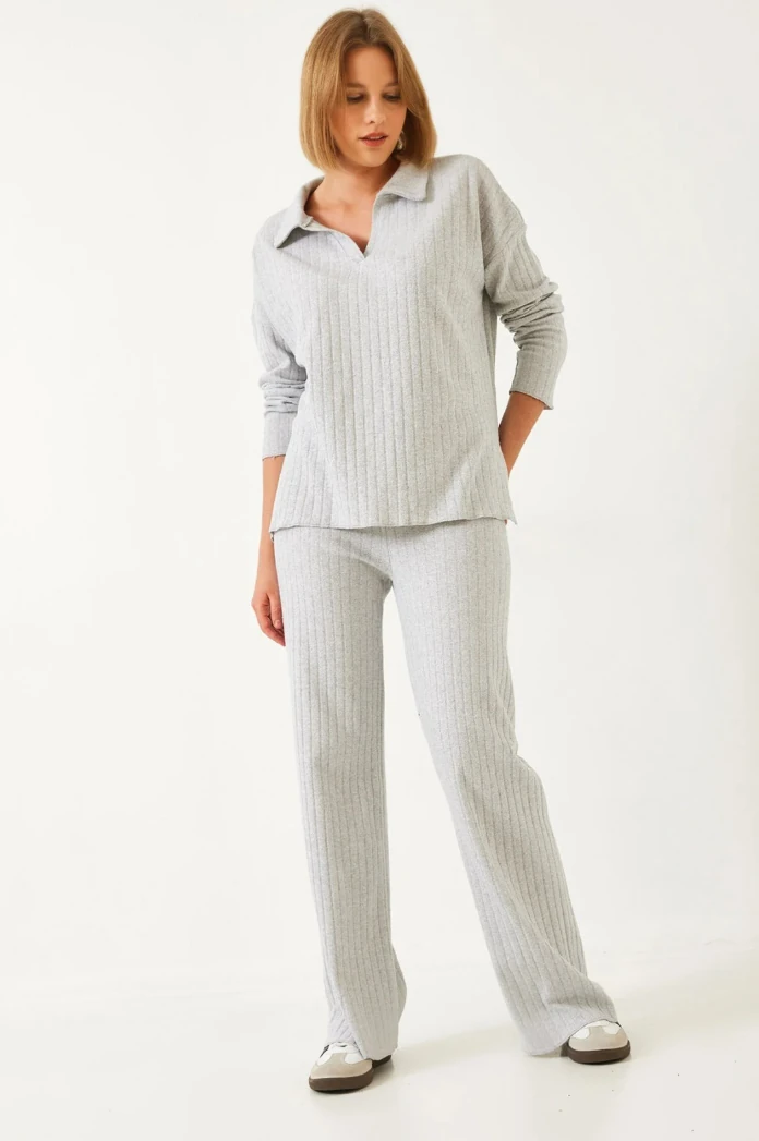 Polo Yaka Pamuklu Örme Kumaş İkili Takım - Gri