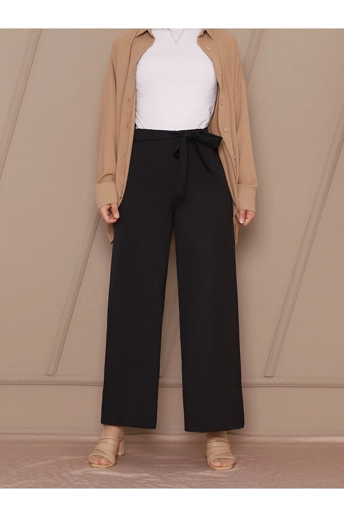 Kadın Beli Bağcıklı Double Krep Bol Paça Pantolon - Siyah