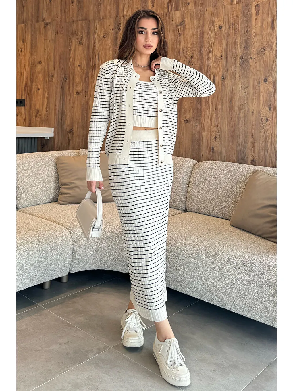 Şık Çizgili Crop Bluz Kazak Etek Triko Üçlü Takım - beyaz