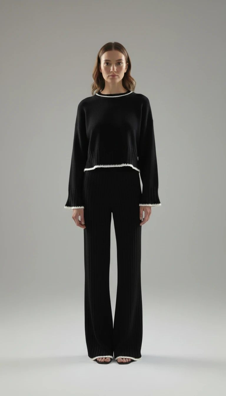 Bisiklet Yaka Önü Nakış Detay Alt Üst Triko Takım - siyah