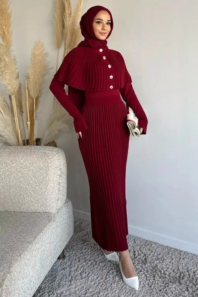 Pelerinli Piliseli Triko Takım - Bordo