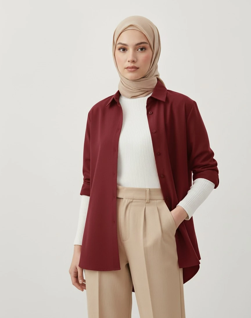 Kadın Oversize Uzun Basic Gömlek - Bordo