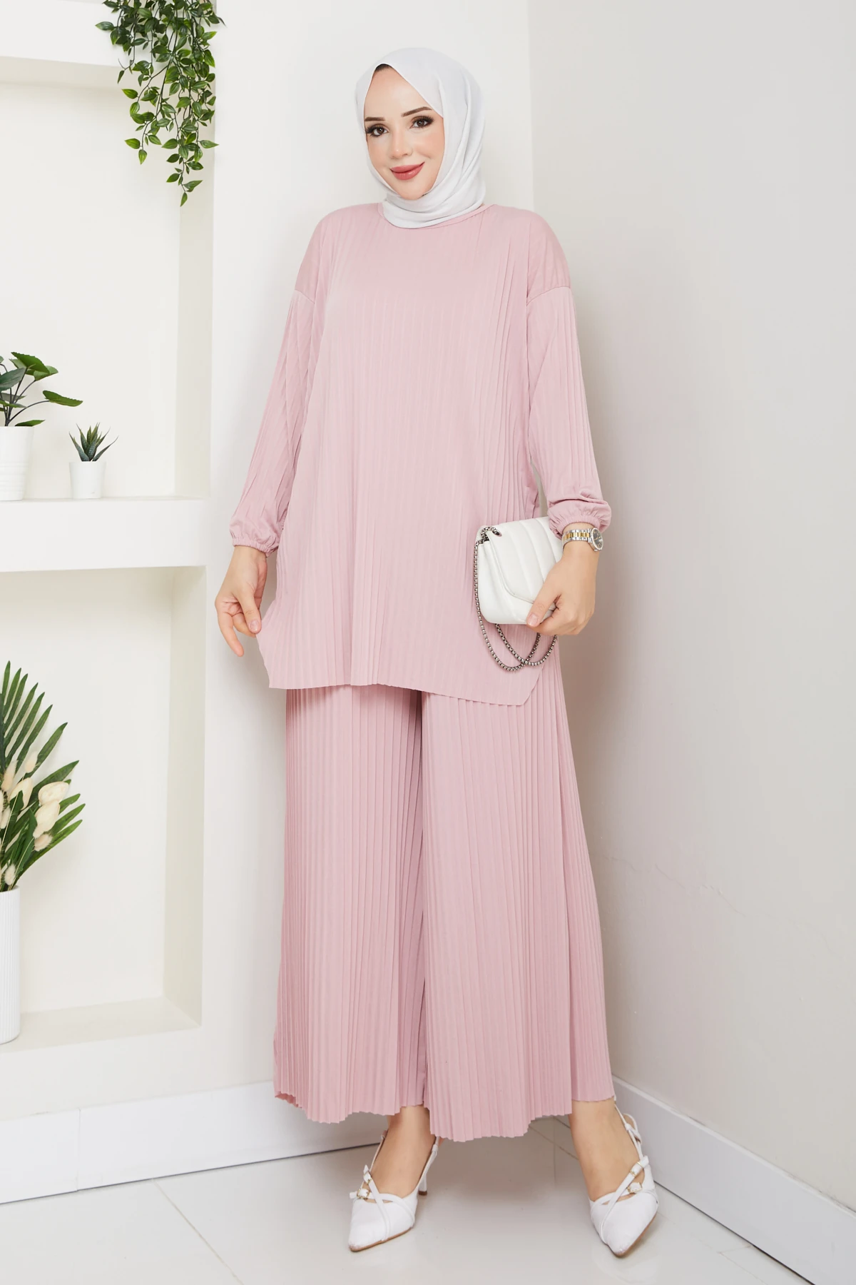 Piliseli Pantolonlu Kadın Takım - Toz Pembe