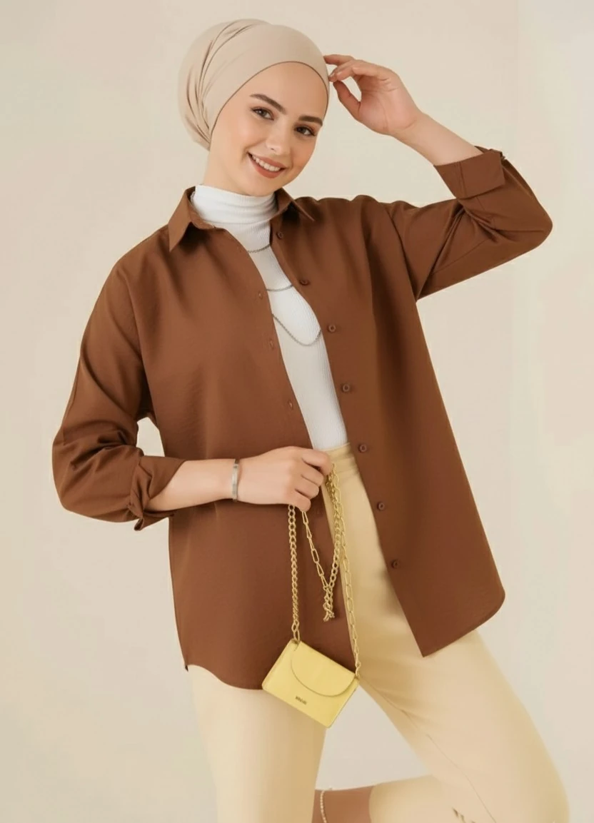 Kadın Oversize Uzun Basic Gömlek - Kahverengi