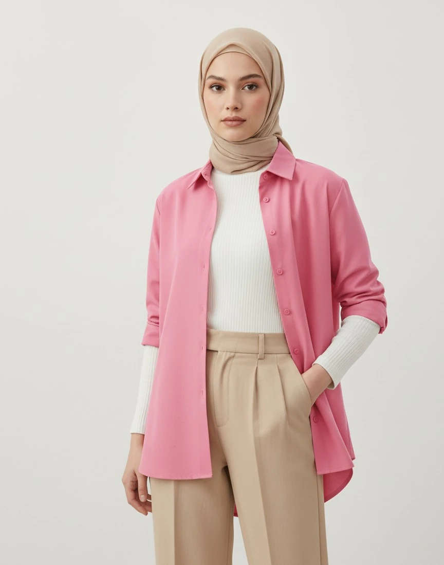 Kadın Oversize Uzun Basic Gömlek - Toz Pembe