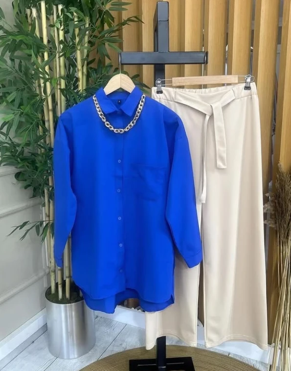 Saks Mavisi Gömlek Bej Bol Paça Pantolon