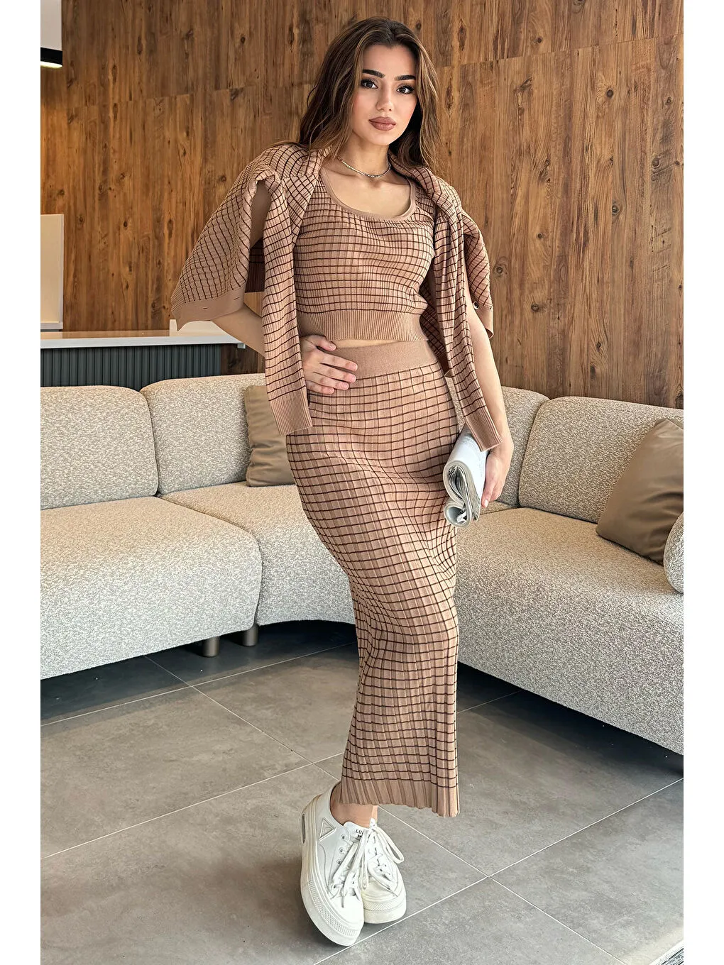Şık Çizgili Crop Bluz Kazak Etek Triko Üçlü Takım - bisküvi
