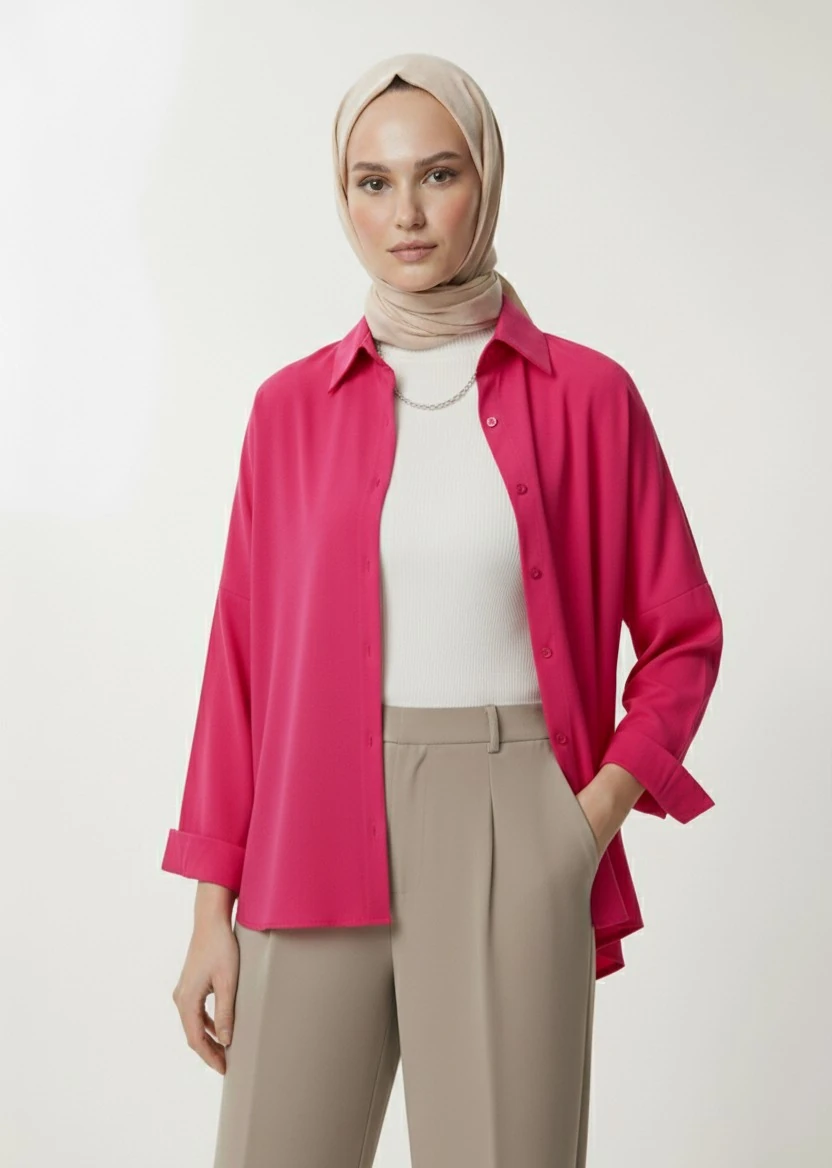 Kadın Oversize Uzun Basic Gömlek - Fuşya