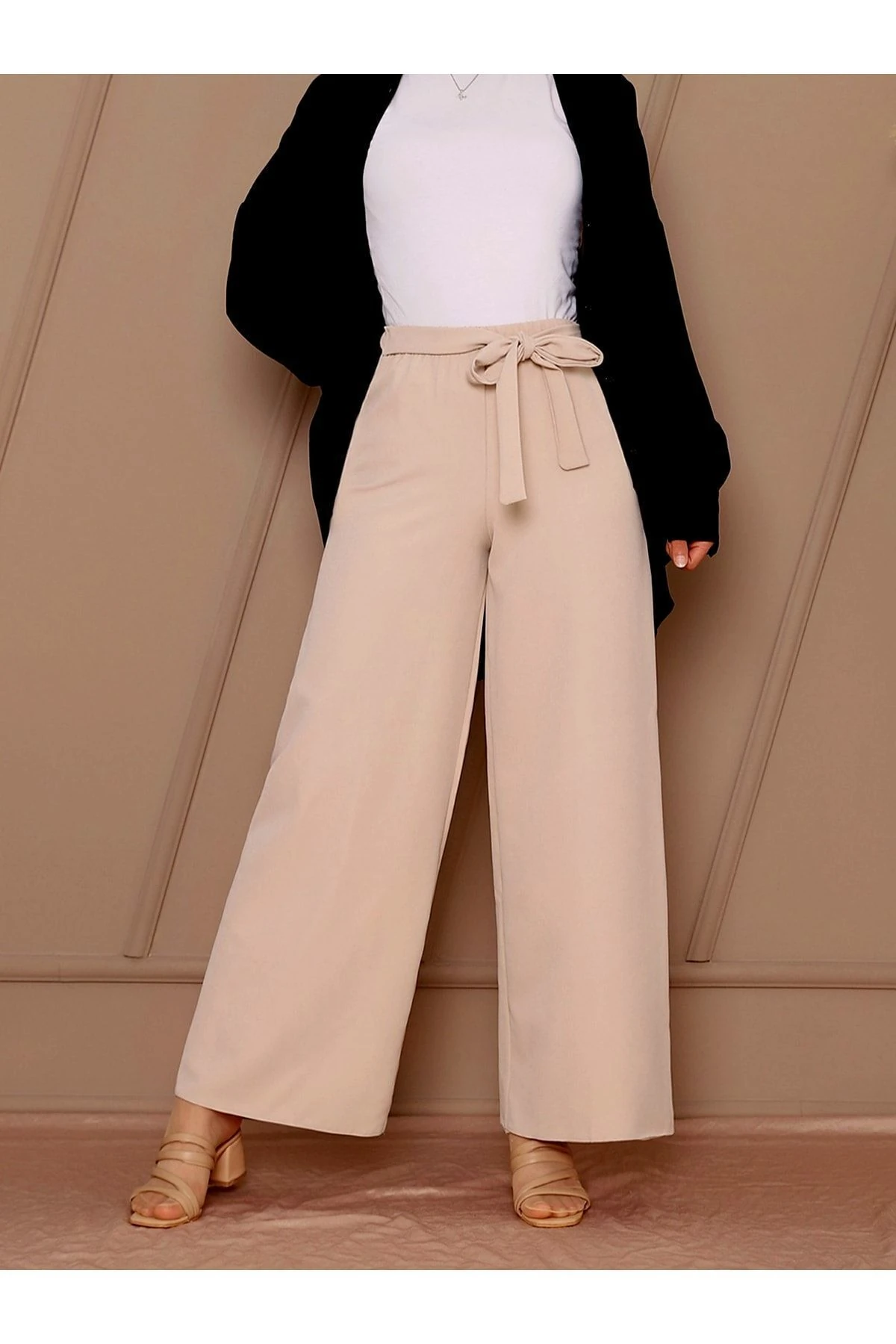Kadın Beli Bağcıklı Double Krep Bol Paça Pantolon