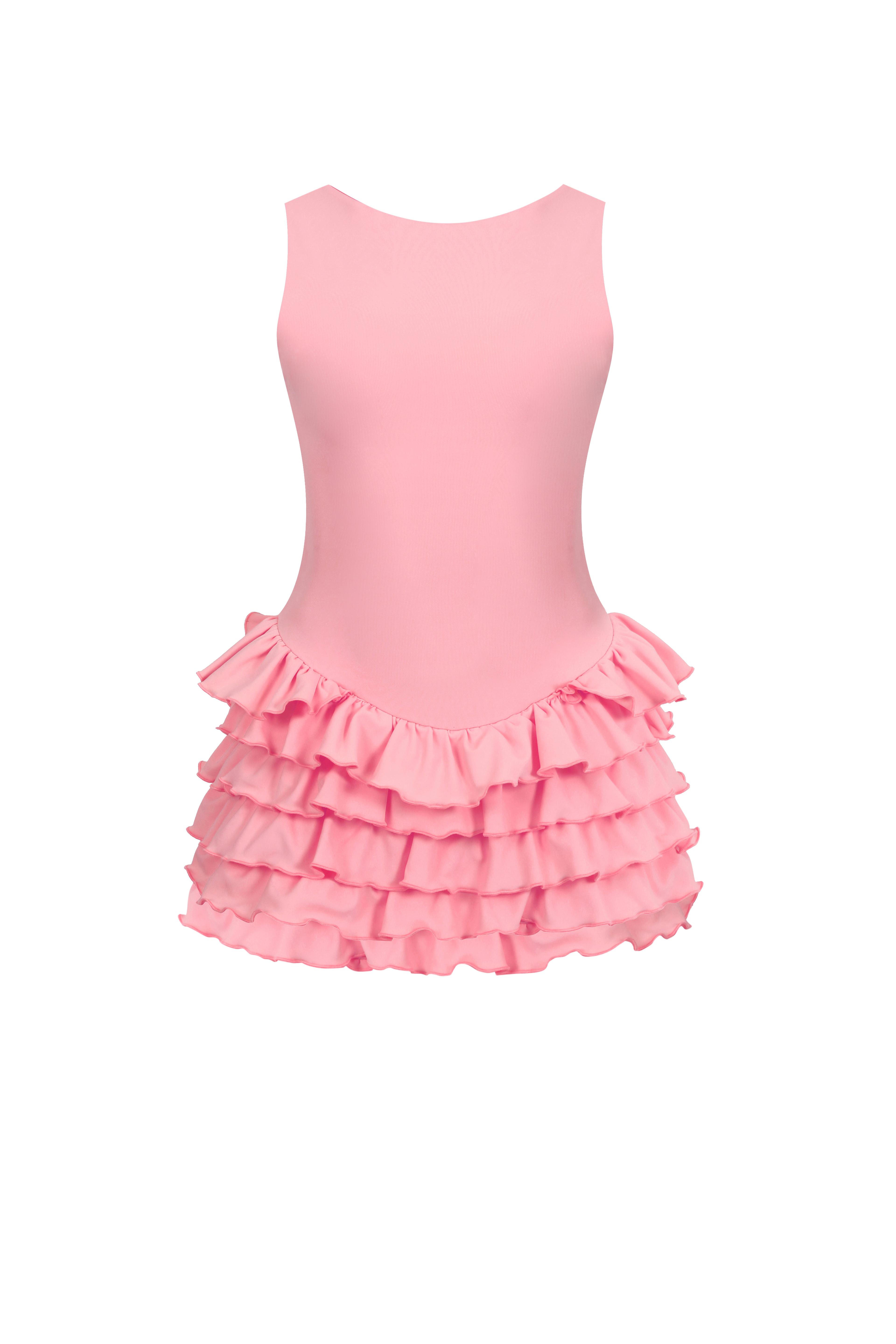 Sardinya Halter Yaka Fırfırlı Şortlu Elbise - Pembe
