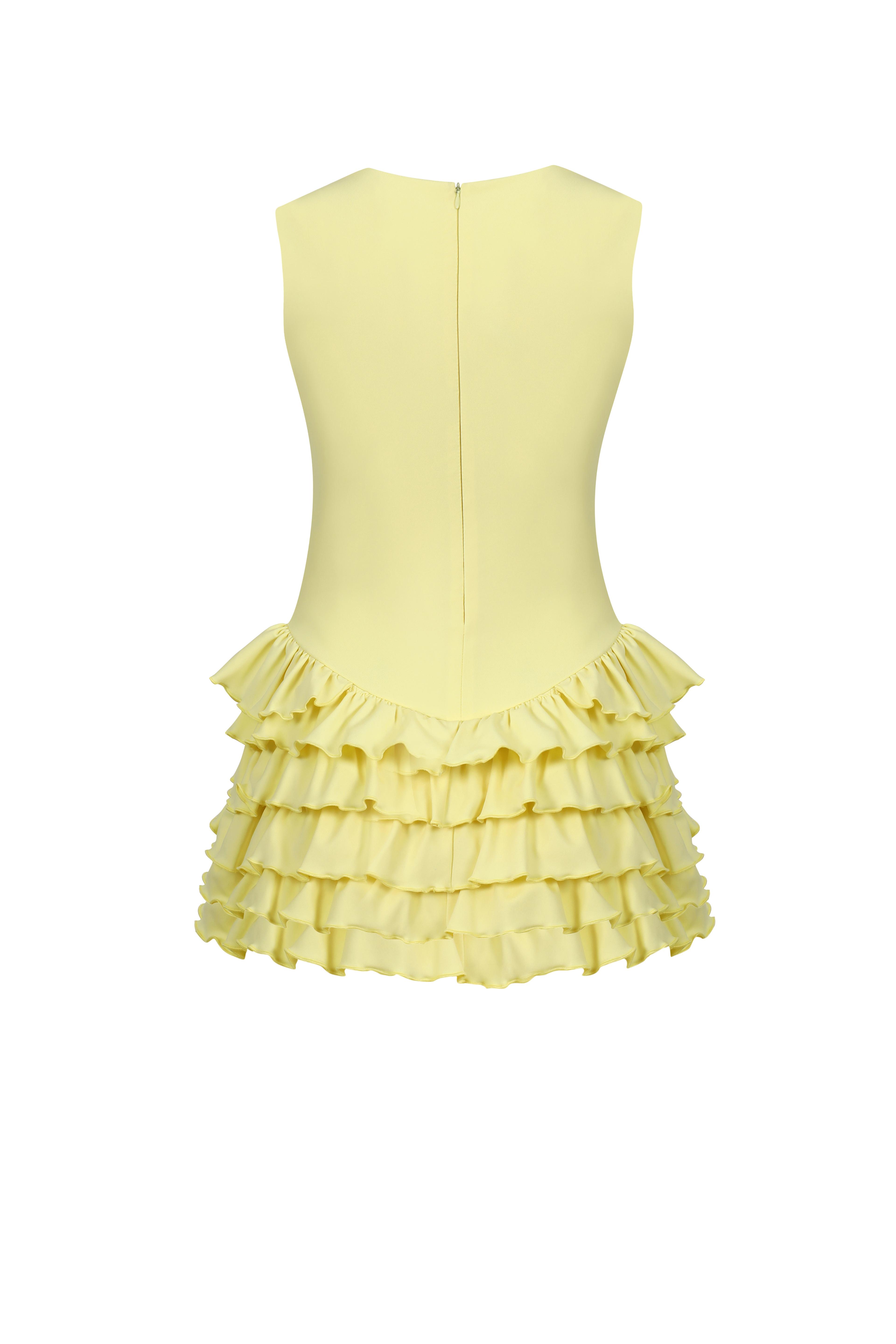 Sardinya Halter Yaka Fırfırlı Şortlu Elbise - Sarı