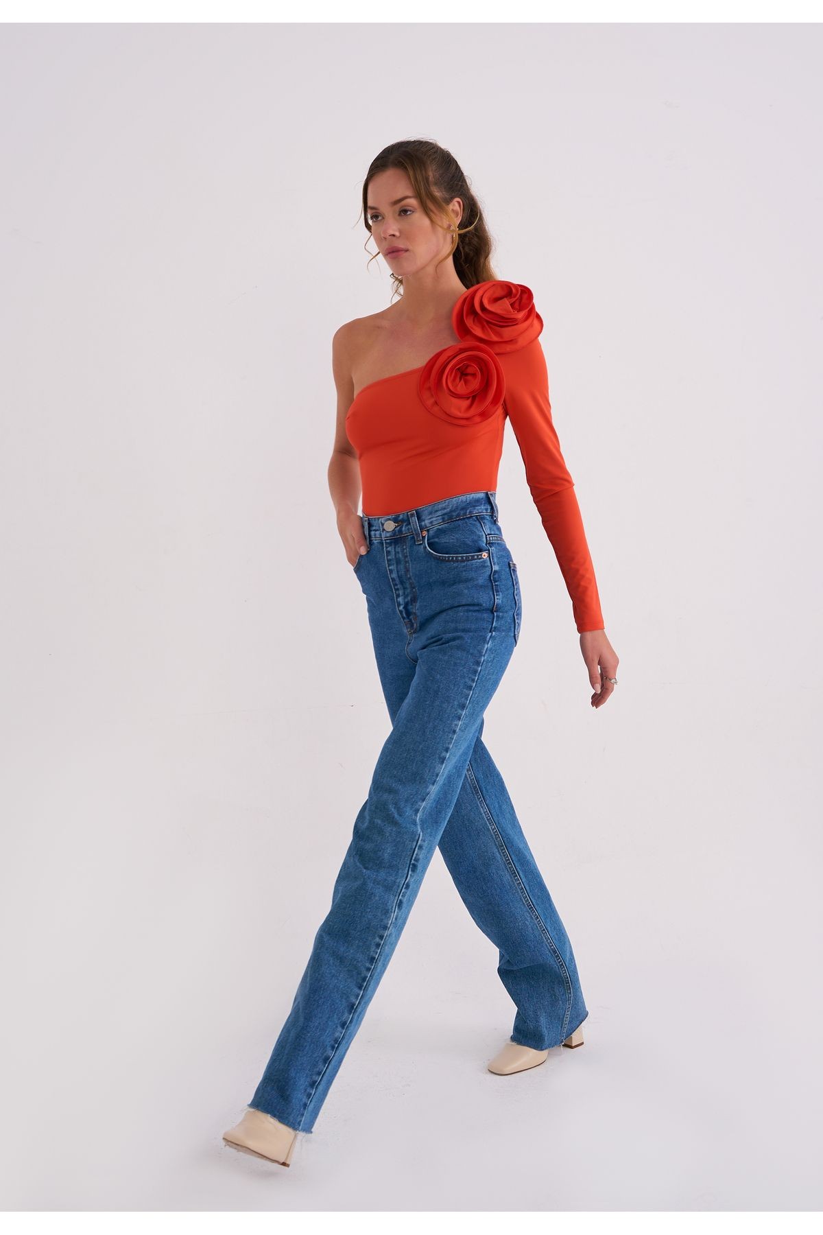 Elba Gül Detaylı Bodysuit - Nar Çiçeği