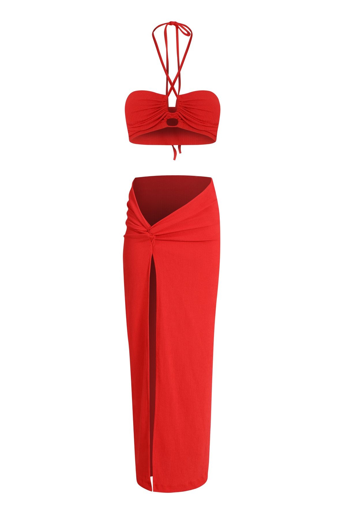 Flam Pareo Etek Crop Top Alt Üst Takım - Kırmızı