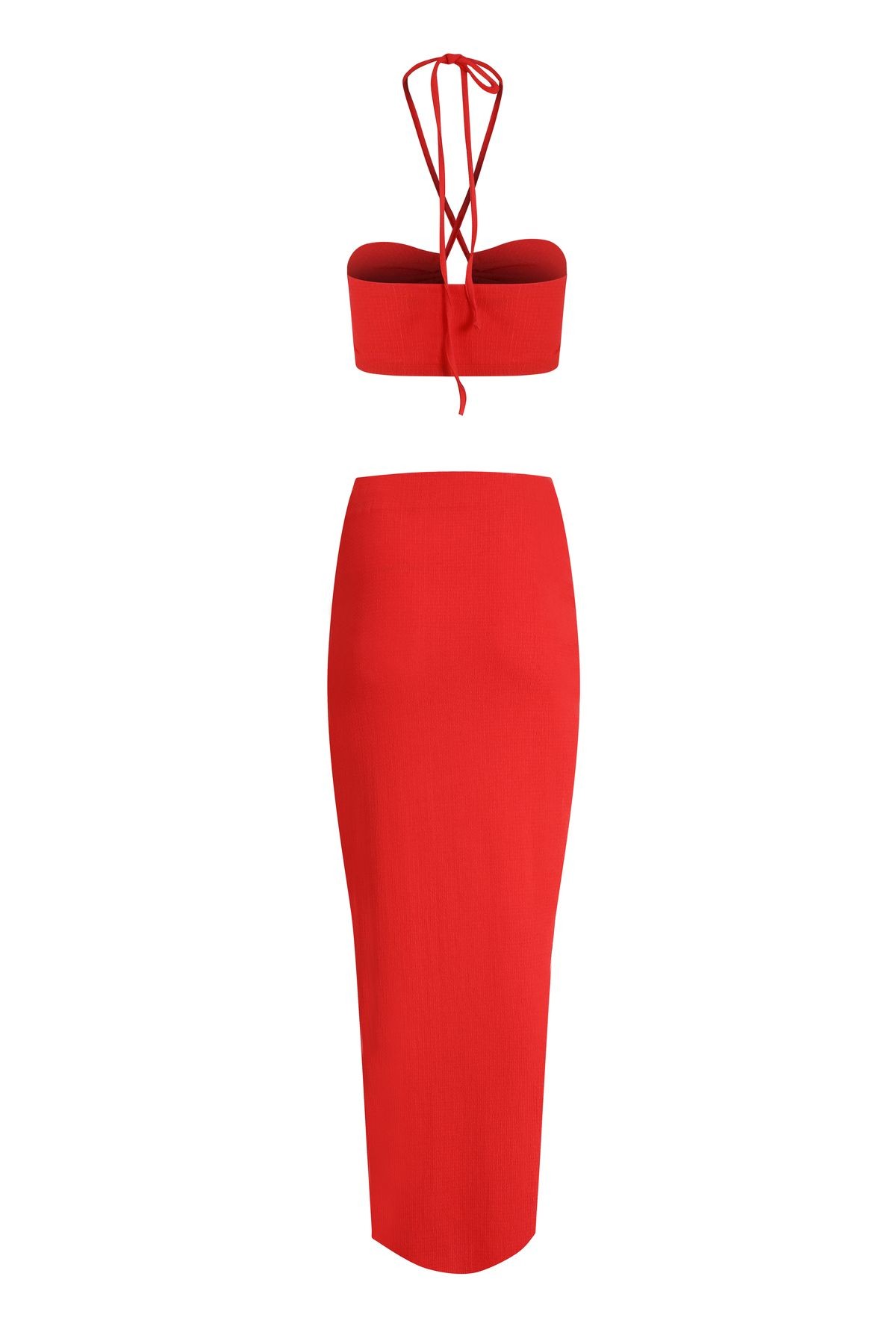 Flam Pareo Etek Crop Top Alt Üst Kırmızı Takım