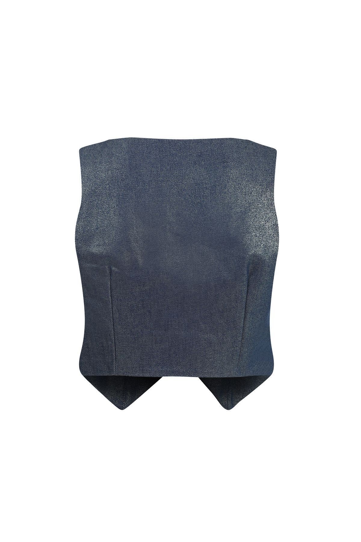 Rapollo Denim Lacivert Varak Baskılı Parlak Yelek