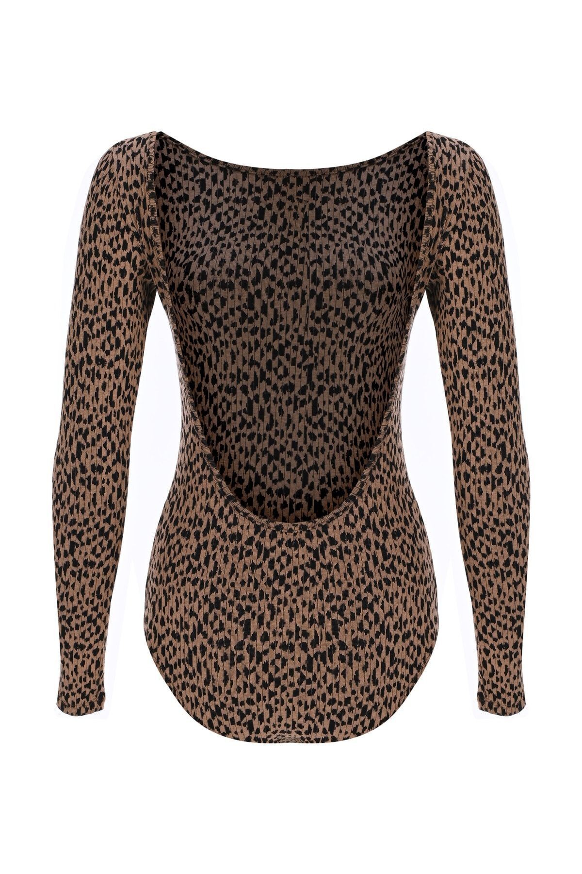 Com Sırt Dekolteli Uzun Kollu Kaşkorse Çıtçıtlı Leopar Body