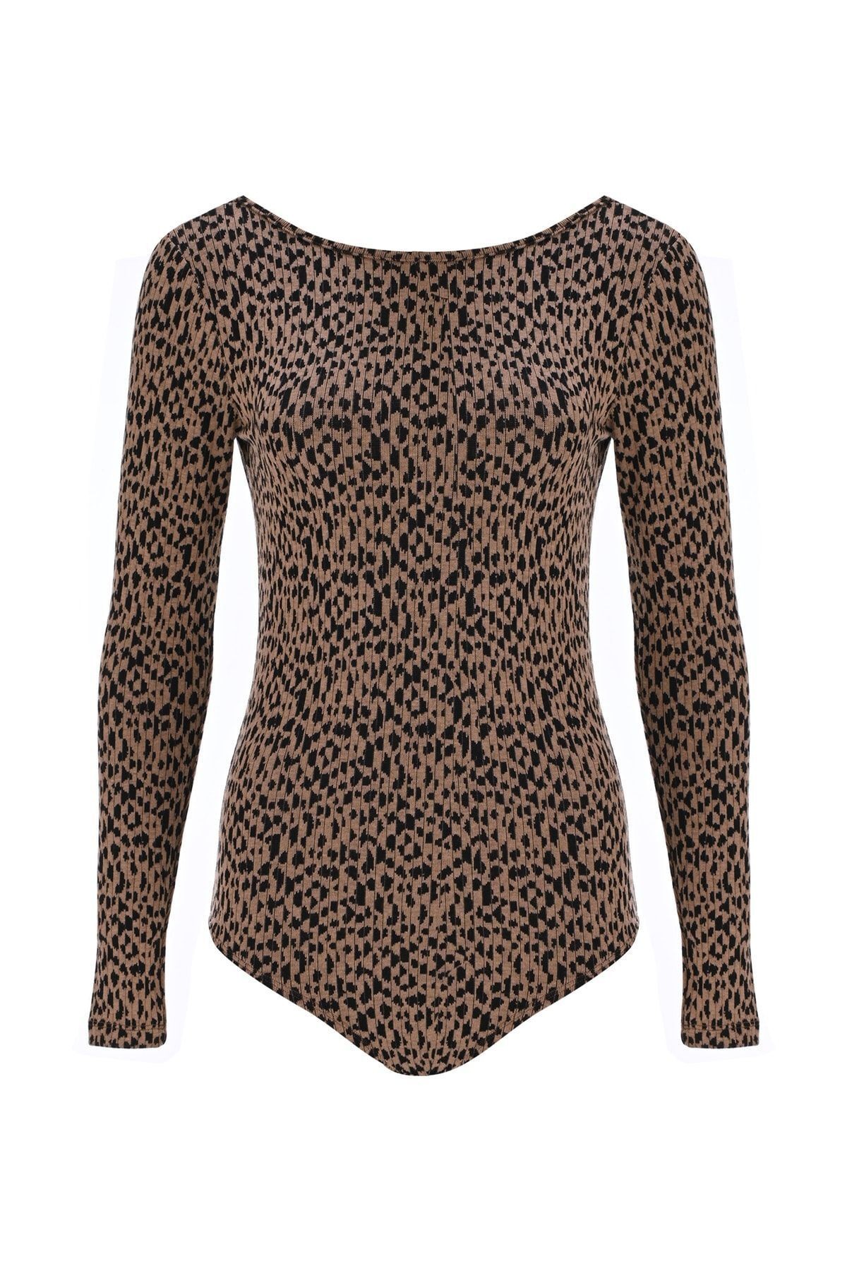 Com Sırt Dekolteli Uzun Kollu Kaşkorse Çıtçıtlı Leopar Body