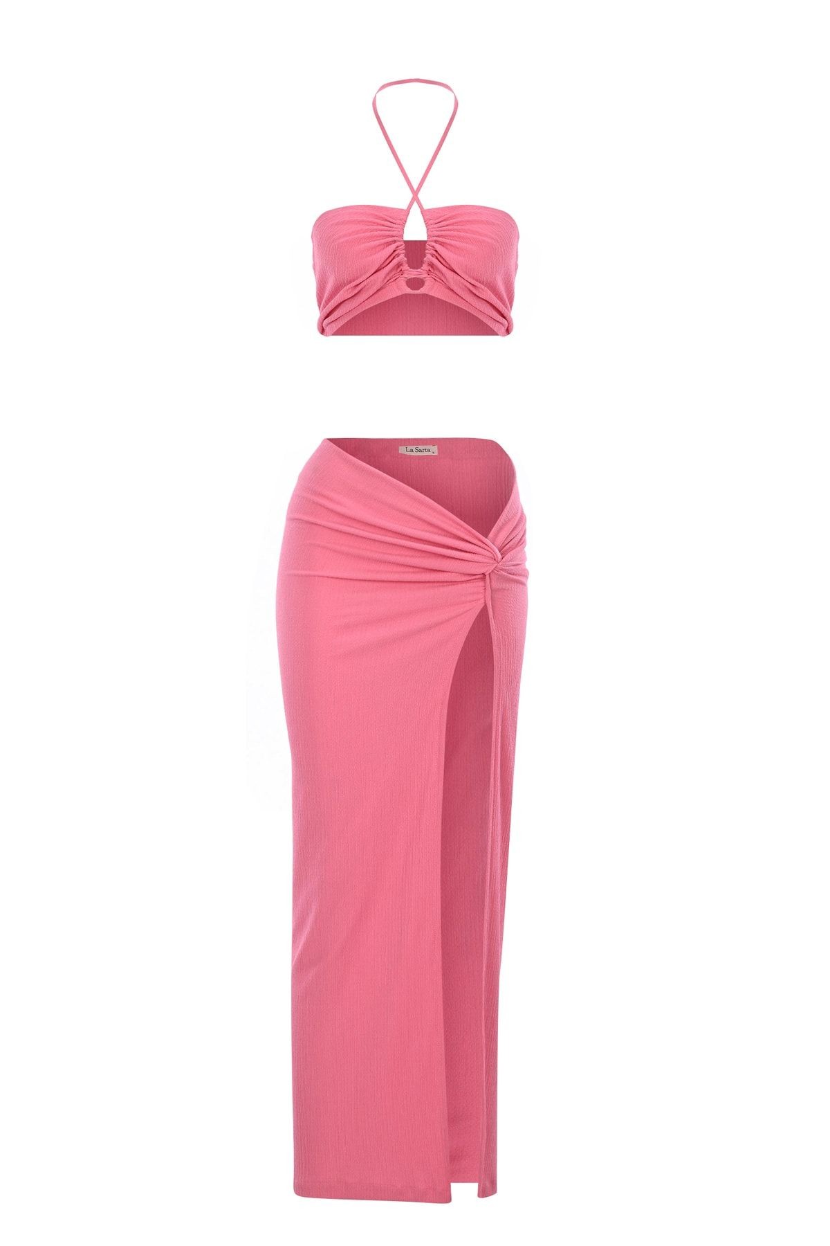 Flam Pareo Etek Crop Top Alt Üst Takım - Pembe