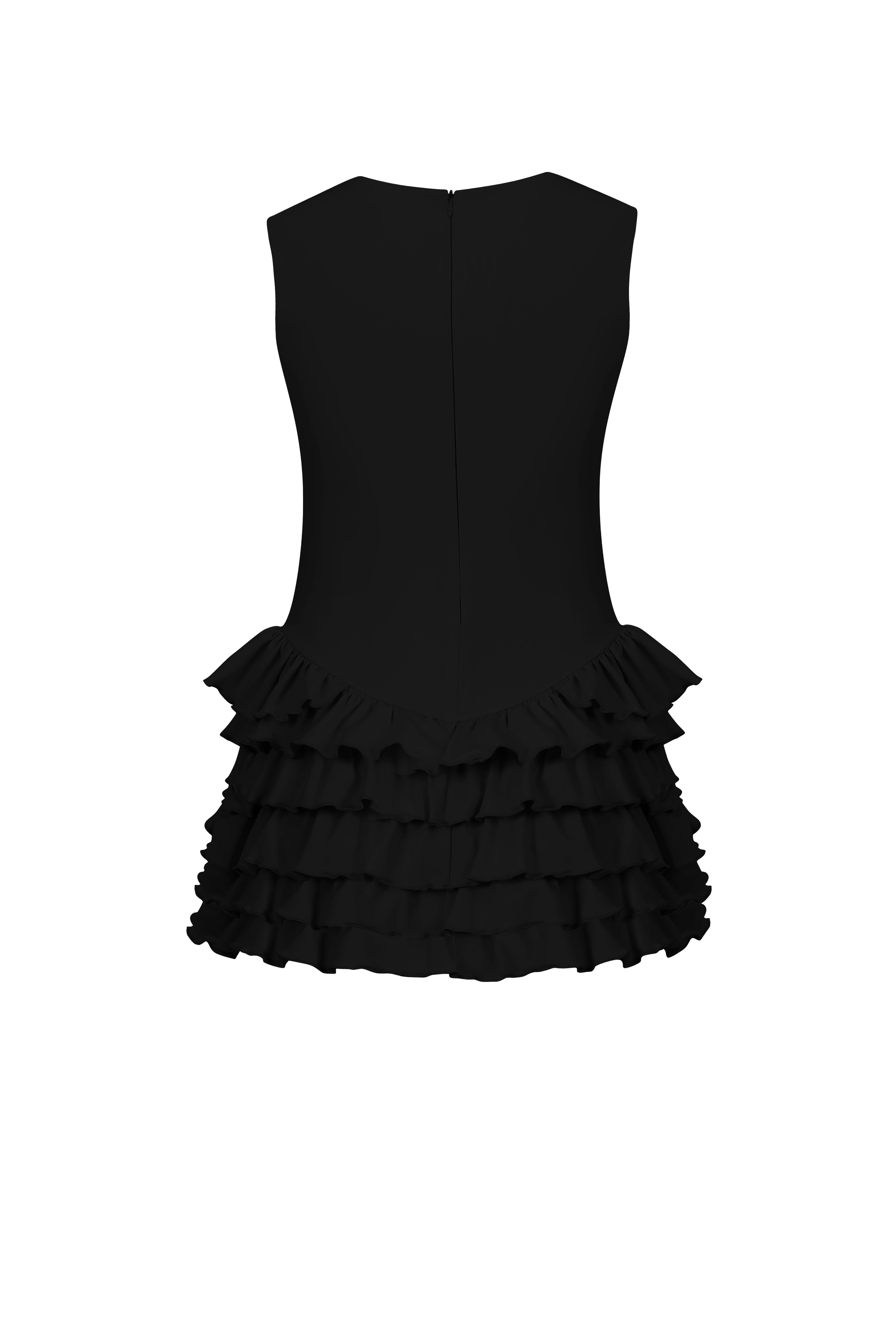 Sardinya Halter Yaka Fırfırlı Şortlu Elbise - Siyah