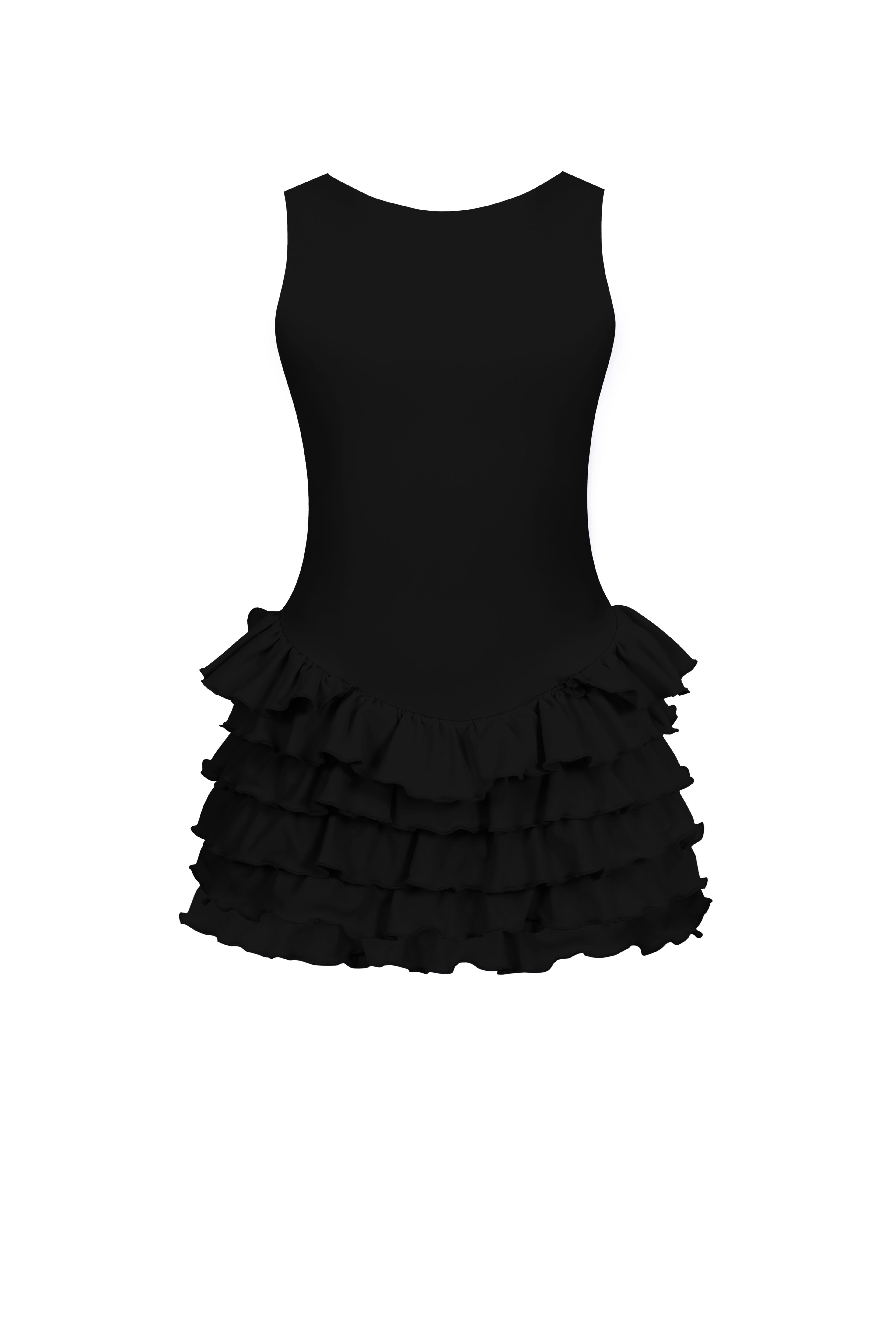 Sardinya Halter Yaka Fırfırlı Şortlu Elbise - Siyah