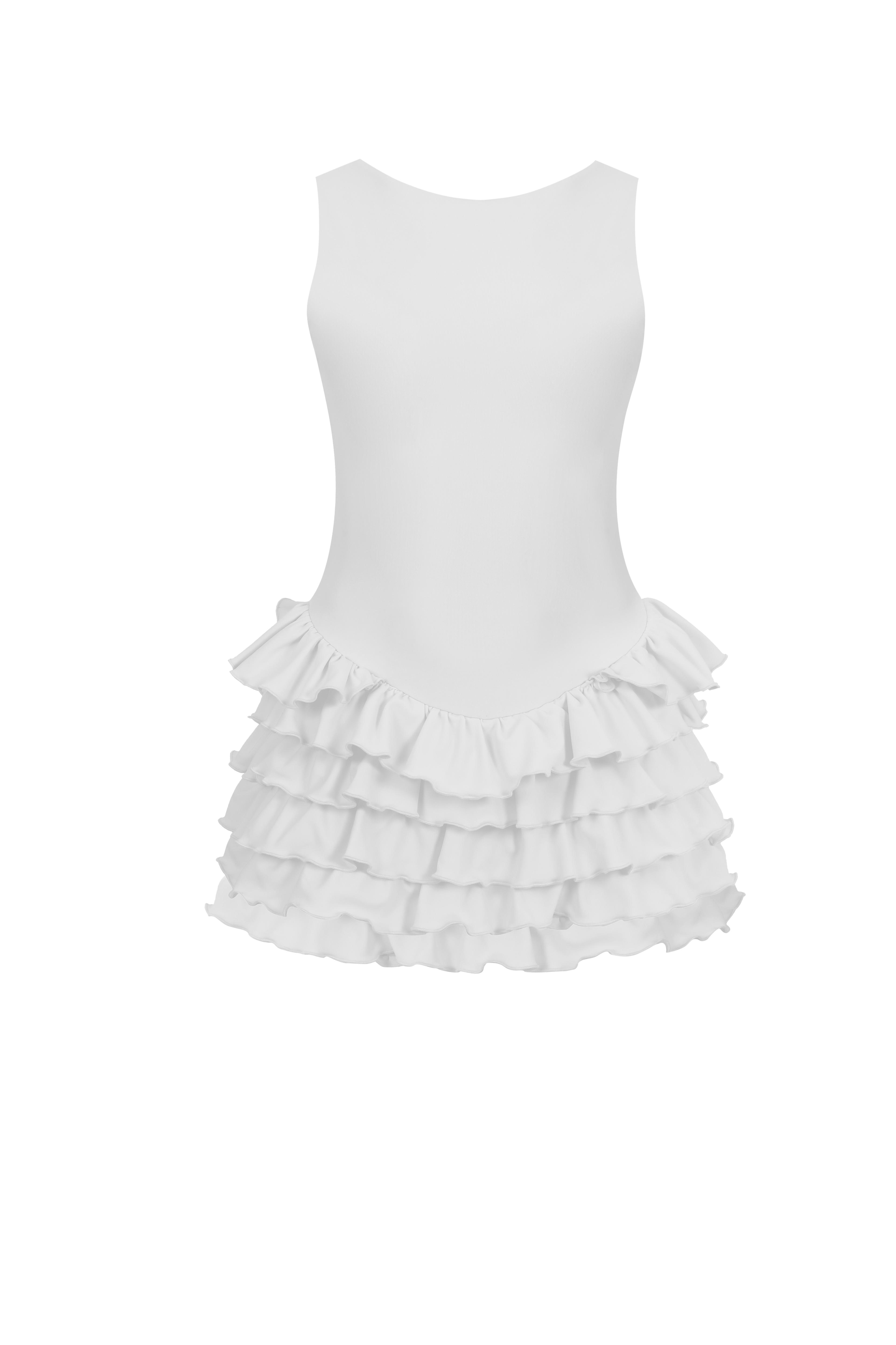 Sardinya Halter Yaka Fırfırlı Şortlu Elbise - Beyaz